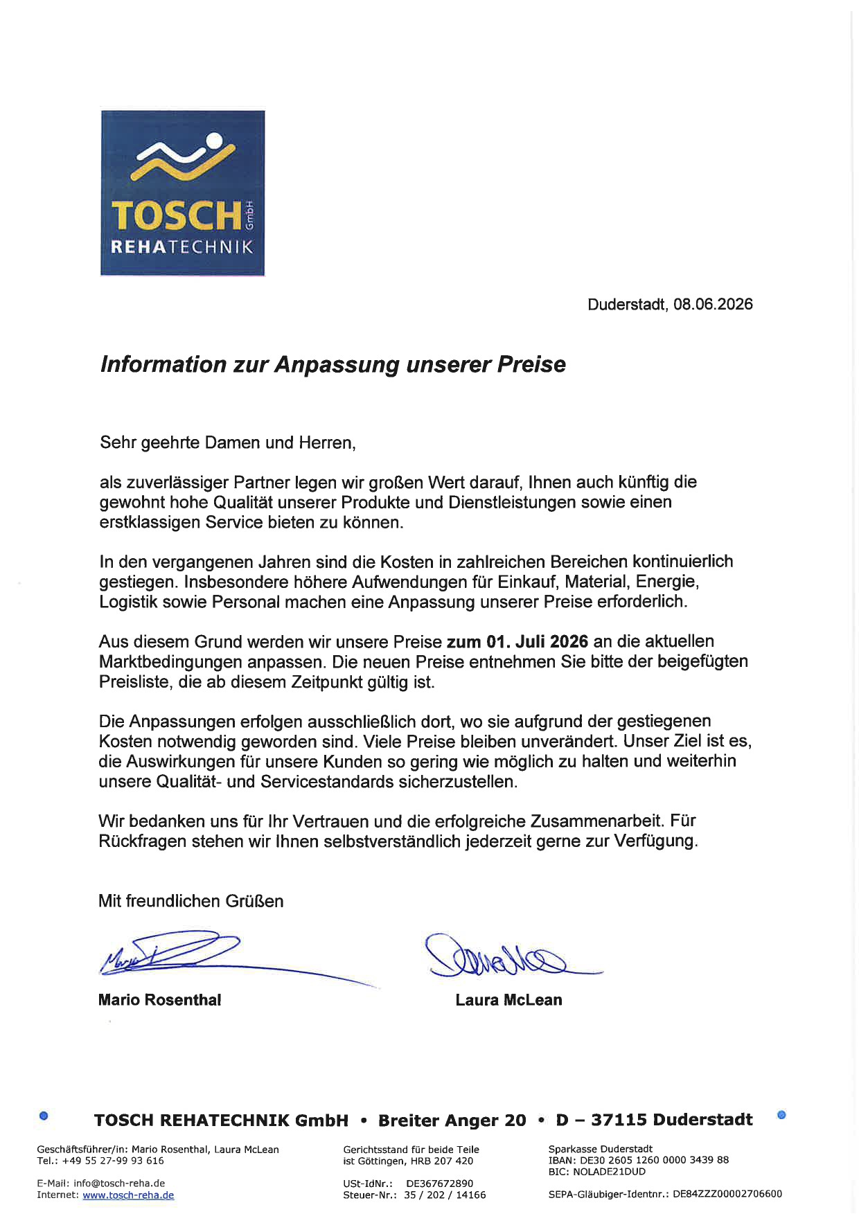 Informationsschreiben Preisanpassung